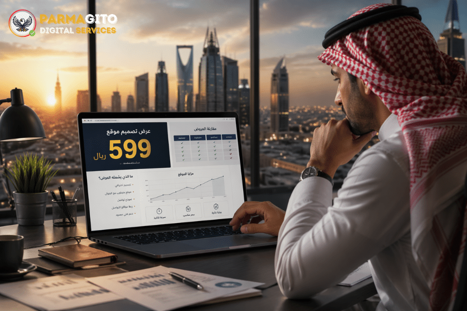رائد أعمال سعودي يحلل عرض تصميم موقع منخفض التكلفة داخل مكتب حديث