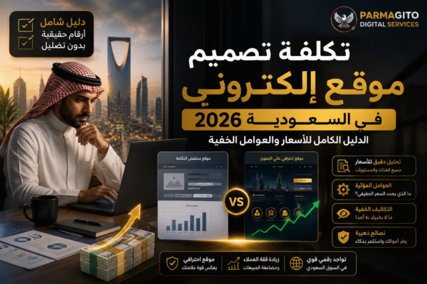 تكلفة تصميم موقع إلكتروني في السعودية 2026 صورة بارزة توضح تكلفة تصميم موقع إلكتروني في السعودية 2026 مع مقارنة بين الموقع منخفض التكلفة والموقع الاحترافي عالي التحويل