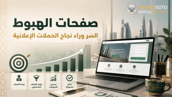 صفحات الهبوط: السر وراء نجاح الحملات الإعلانية صورة توضح صفحات الهبوط ودورها في نجاح الحملات الإعلانية وزيادة التحويلات مع شعار بارماجيتو